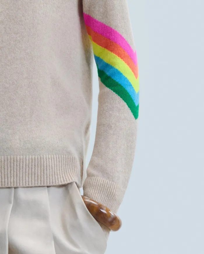 From Future Cashmere Sweaters Women Mock Neck Sweater With Multicolor Striped Sleeves Light Heather Beige