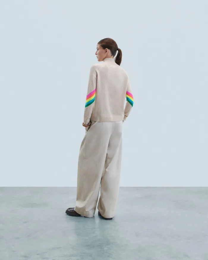 From Future Cashmere Sweaters Women Mock Neck Sweater With Multicolor Striped Sleeves Light Heather Beige