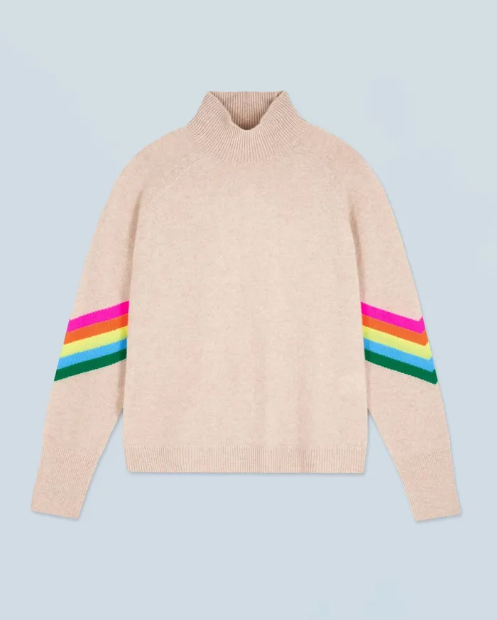 From Future Cashmere Sweaters Women Mock Neck Sweater With Multicolor Striped Sleeves Light Heather Beige