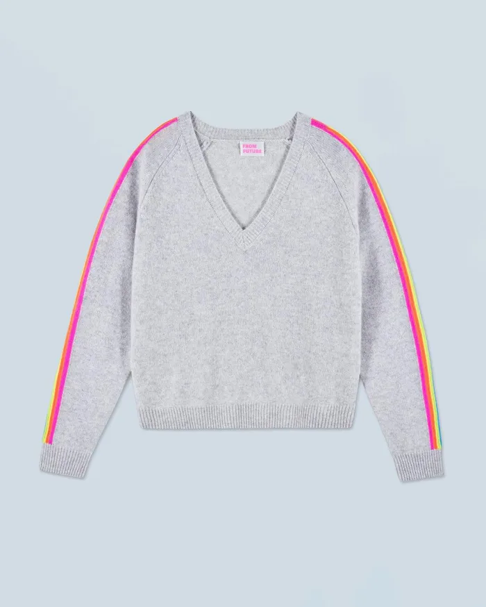 From Future Cashmere Sweaters Women VNeck Sweater With Multico Sleeves Light Heather Gray