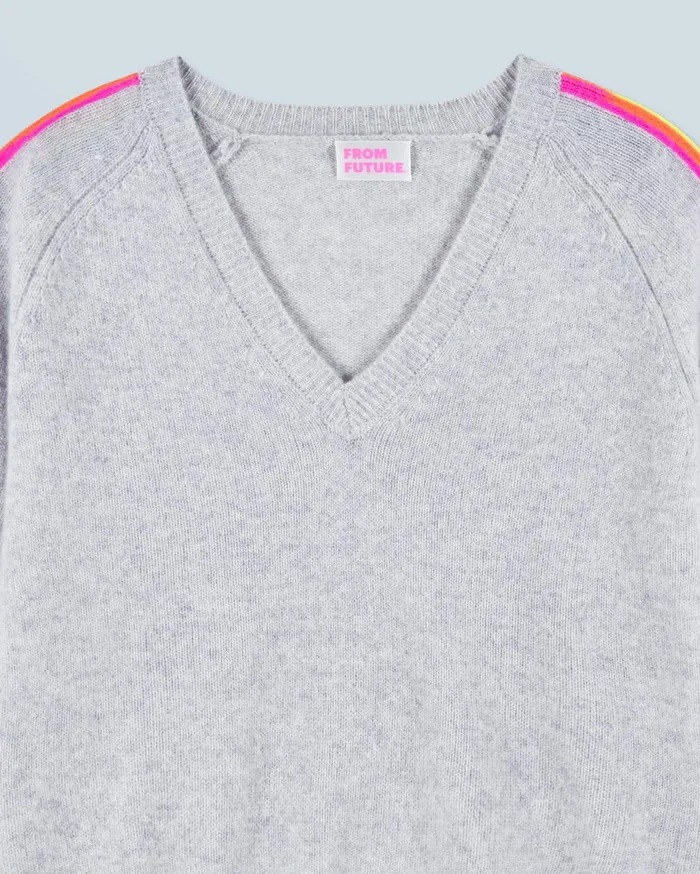 From Future Cashmere Sweaters Women VNeck Sweater With Multico Sleeves Light Heather Gray