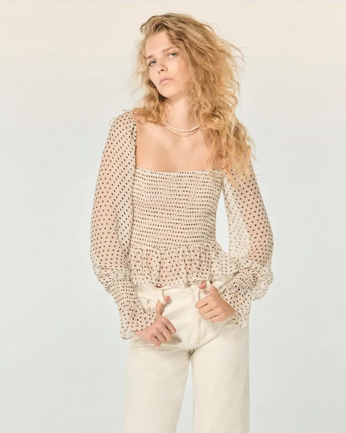 From Future Shirts TShirts and Tops Women Molly Long Sleeve Top Ecru Polka Dots