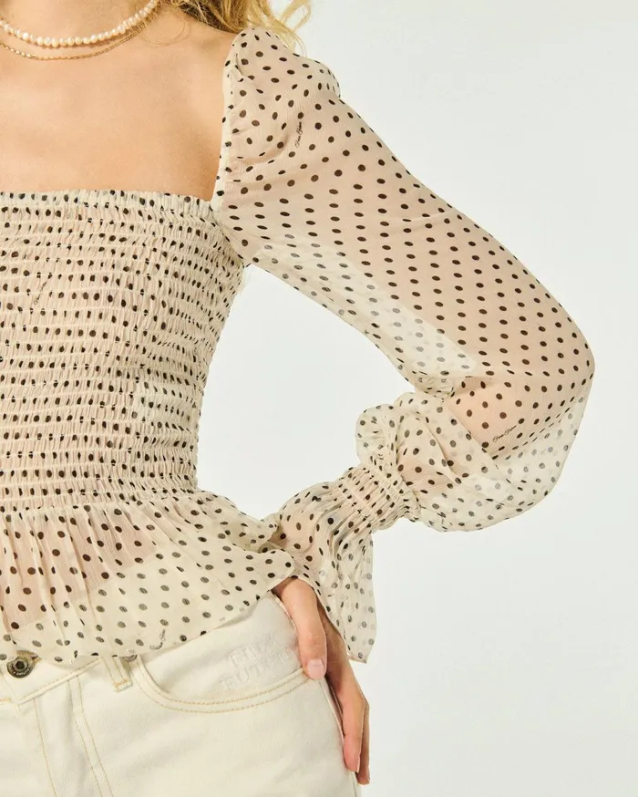 From Future Shirts TShirts and Tops Women Molly Long Sleeve Top Ecru Polka Dots