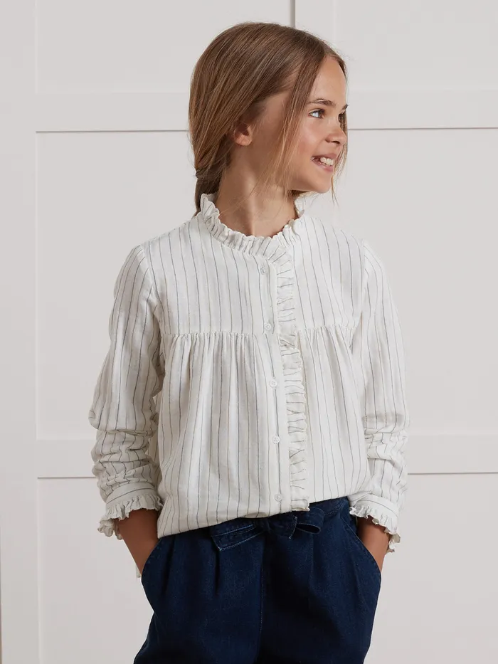 Girls Cyrillus Clothing Cotton Gauze Ruffled Shirt Rayure Bleuecru
