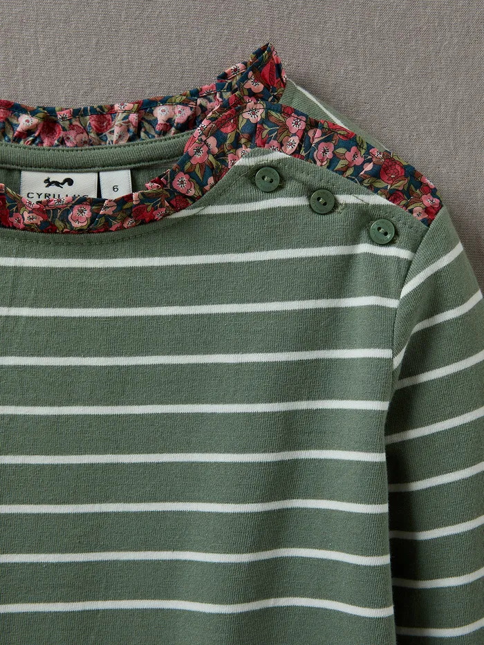 Girls Cyrillus Clothing Organic Cotton SailorStripe TShirt Details Made With Liberty Fabric Sauge