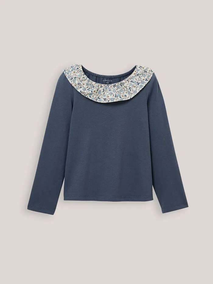 Girls Cyrillus Clothing Organic Cotton TShirt Collar Made With Liberty Fabric Gris Orage