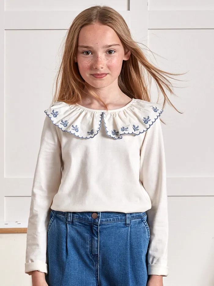 Girls Cyrillus Clothing Organic Cotton TShirt With Embroidered Collar Blanc Doux