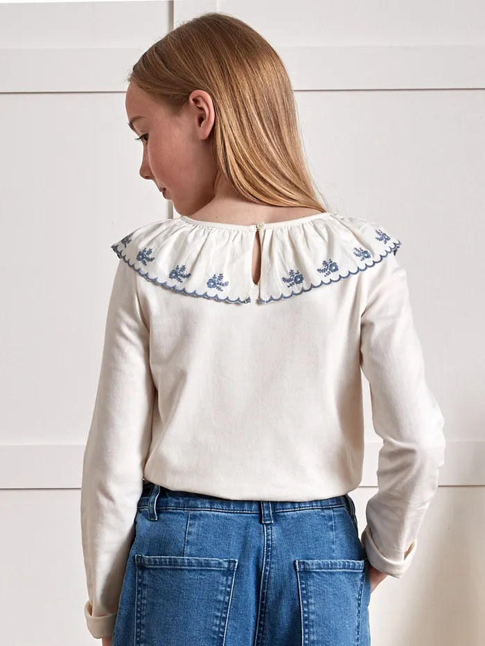 Girls Cyrillus Clothing Organic Cotton TShirt With Embroidered Collar Blanc Doux