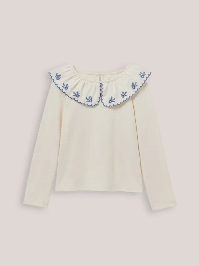 Girls Cyrillus Clothing Organic Cotton TShirt With Embroidered Collar Blanc Doux