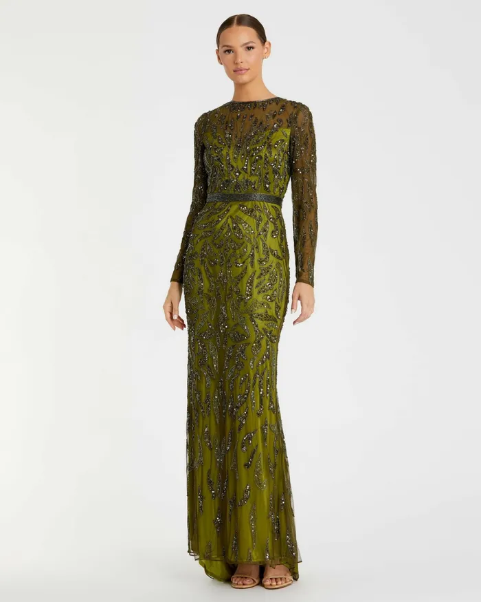 Green Beaded Long Sleeve Evening Gown Olive Women Best Sellers Mac Duggal