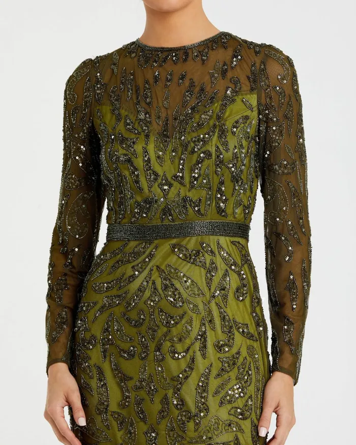 Green Beaded Long Sleeve Evening Gown Olive Women Best Sellers Mac Duggal