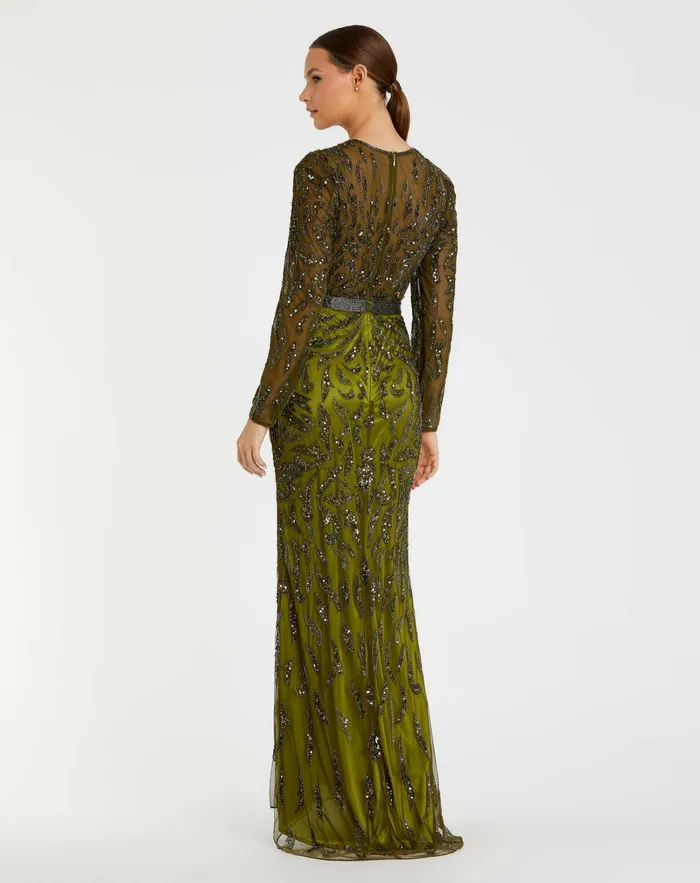 Green Beaded Long Sleeve Evening Gown Olive Women Best Sellers Mac Duggal