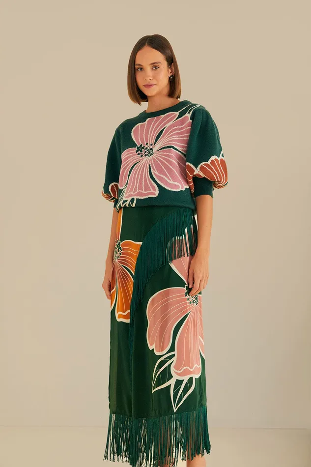 Green Honolulu Flowers Fringe Maxi Skirt Women Farm Rio Skirts