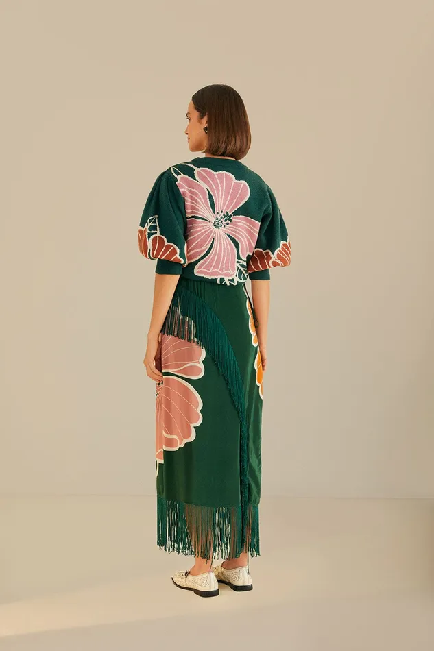 Green Honolulu Flowers Fringe Maxi Skirt Women Farm Rio Skirts