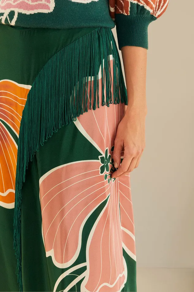 Green Honolulu Flowers Fringe Maxi Skirt Women Farm Rio Skirts