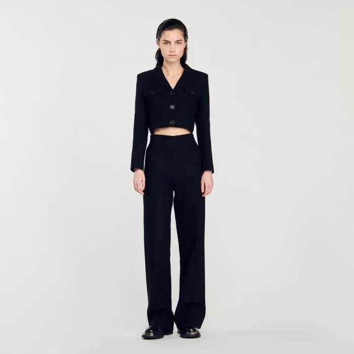 Jackets and Blazers Women SANDRO Cropped Tweed Buttonup Jacket Black