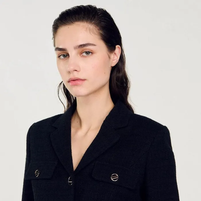 Jackets and Blazers Women SANDRO Cropped Tweed Buttonup Jacket Black
