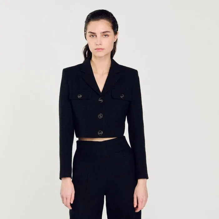 Jackets and Blazers Women SANDRO Cropped Tweed Buttonup Jacket Black