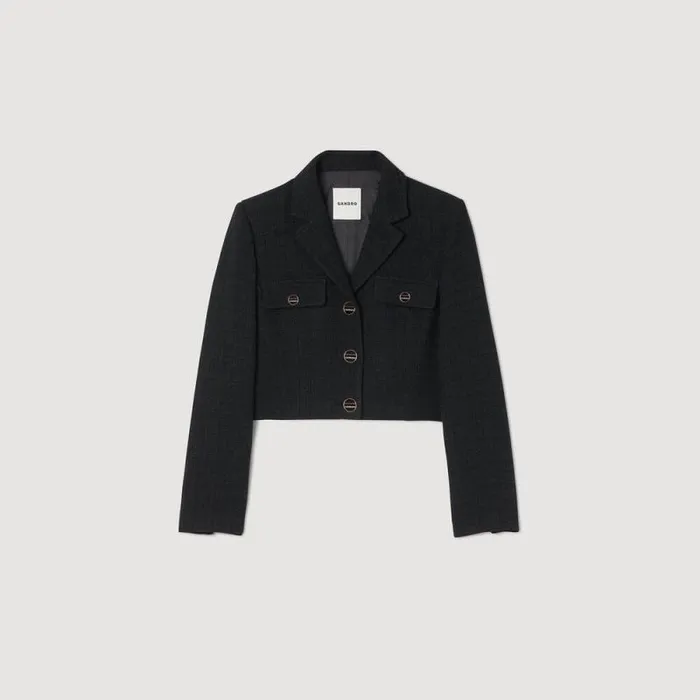 Jackets and Blazers Women SANDRO Cropped Tweed Buttonup Jacket Black