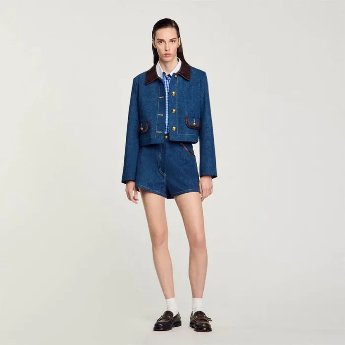 Jackets and Blazers Women SANDRO Denim Jacket With Leather Collar Blue