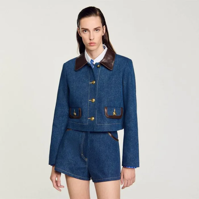 Jackets and Blazers Women SANDRO Denim Jacket With Leather Collar Blue
