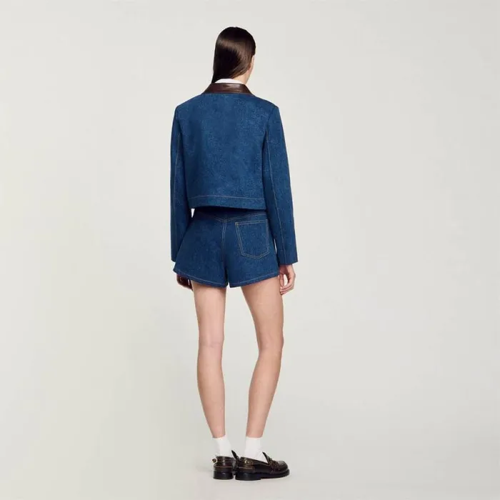 Jackets and Blazers Women SANDRO Denim Jacket With Leather Collar Blue