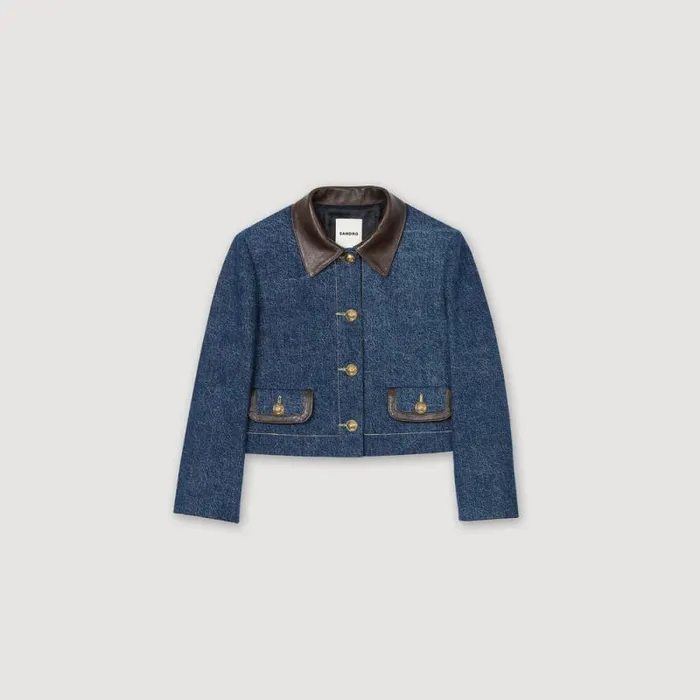 Jackets and Blazers Women SANDRO Denim Jacket With Leather Collar Blue