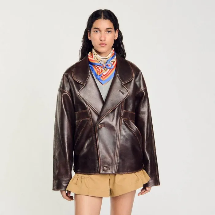 Jackets and Blazers Women SANDRO Oversized Leather Jacket Brown