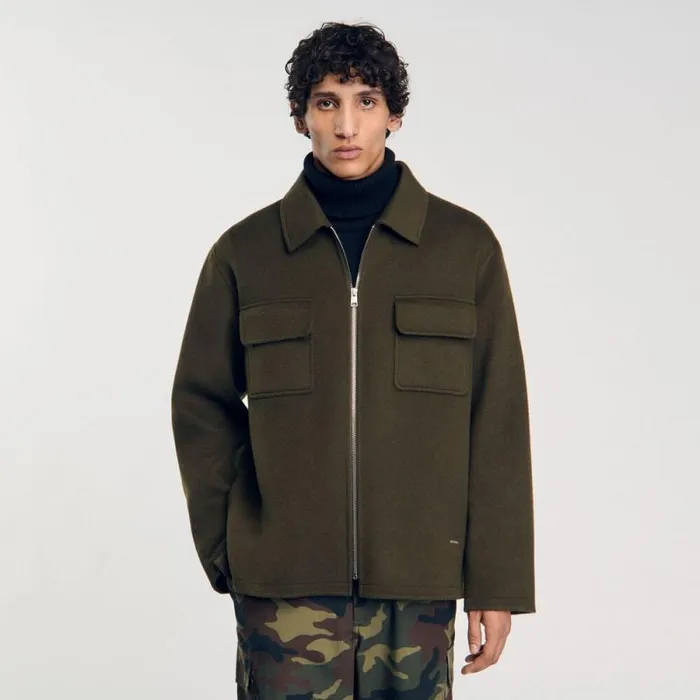Jackets Men SANDRO Zipped Overshirt Olive Green