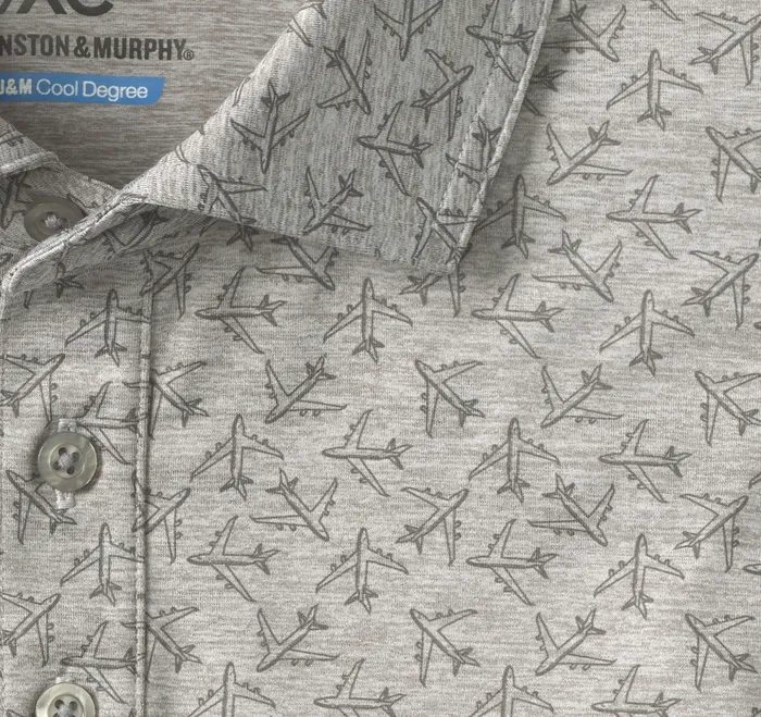 Johnston and Murphy Polos and Tees Men XC4 Performance Print Polos Cool Degree Gray Airplane