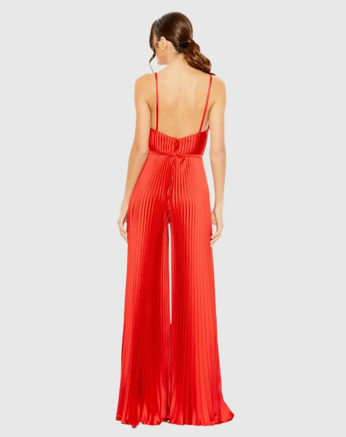 Jumpsuits and Rompers Women Mac Duggal Red Pleated Plunge Neck Wide Leg Jumpsuit Red