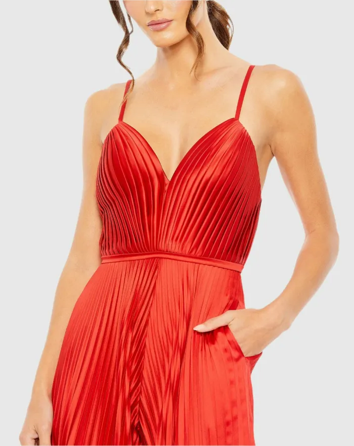 Jumpsuits and Rompers Women Mac Duggal Red Pleated Plunge Neck Wide Leg Jumpsuit Red