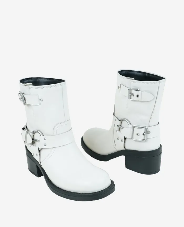 Kenneth Cole Boots and Booties Women Stride Leather Buckle Moto Boot White