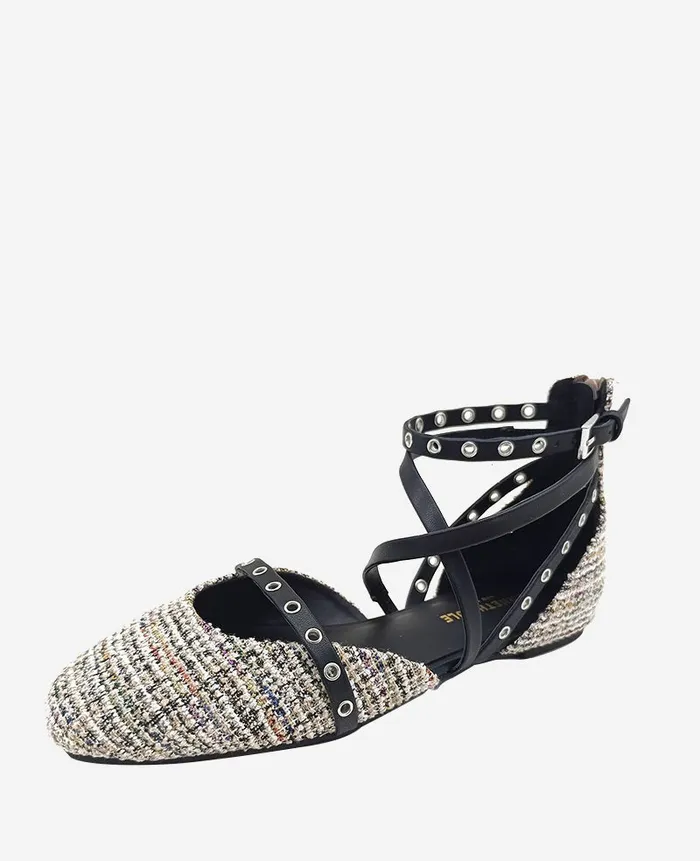 Kenneth Cole Flats and Loafers Women Mason Tweed Strappy Stud Flat Black Kenneth Cole Flats and Loafers Women Mason Tweed Strappy Stud Flat Black