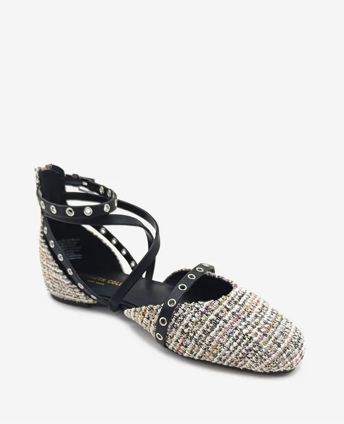 Kenneth Cole Flats and Loafers Women Mason Tweed Strappy Stud Flat Black Kenneth Cole Flats and Loafers Women Mason Tweed Strappy Stud Flat Black