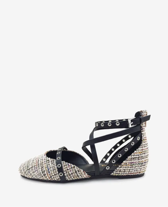 Kenneth Cole Flats and Loafers Women Mason Tweed Strappy Stud Flat Black Kenneth Cole Flats and Loafers Women Mason Tweed Strappy Stud Flat Black