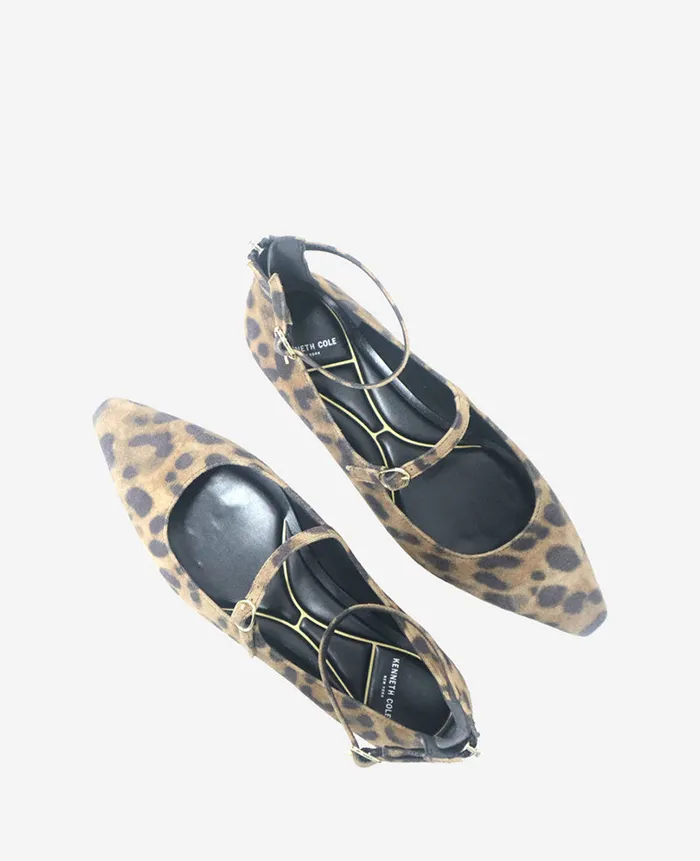 Kenneth Cole Flats and Loafers Women Nolita Leopard Suede Ankle Strap Mary Jane Flat Brown
