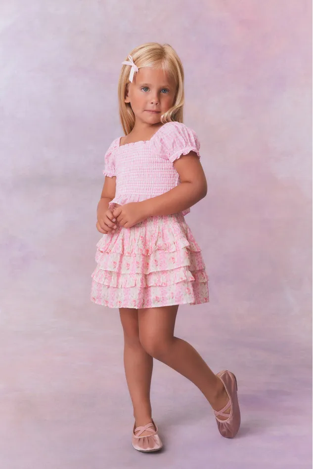 Kids Girls LoveShackFancy Girls Fragrance Print Cotton Billie Skirt Strawberry Macaroon