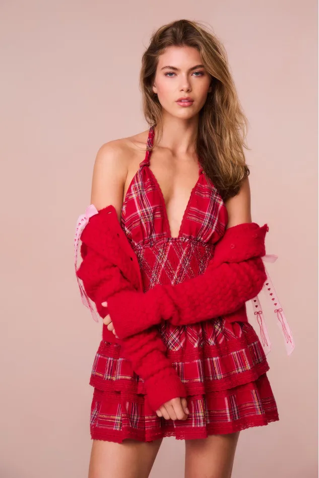 Kids Mommy and Me LoveShackFancy Deanna Tartan Halter Dress Cheery Red