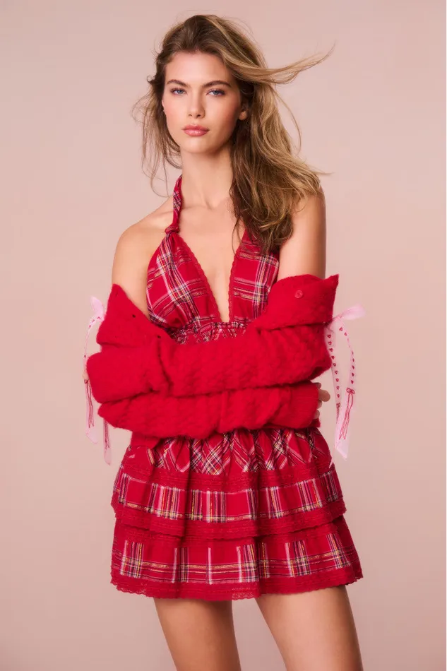 Kids Mommy and Me LoveShackFancy Deanna Tartan Halter Dress Cheery Red
