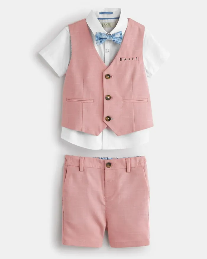 Kids NELU 8211 Branded Waistcoat Shorts And Shirt Set Pink Ted Baker Tops Kids NELU 8211 Branded Waistcoat Shorts And Shirt Set Pink Ted Baker Tops