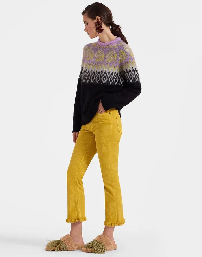La Doublej Fancy Crop Jeans Sicomore Yellow In LaserPrinted Denim With Fringe Women Shorts and Pants