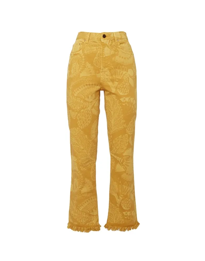 La Doublej Fancy Crop Jeans Sicomore Yellow In LaserPrinted Denim With Fringe Women Shorts and Pants
