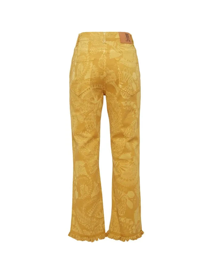 La Doublej Fancy Crop Jeans Sicomore Yellow In LaserPrinted Denim With Fringe Women Shorts and Pants