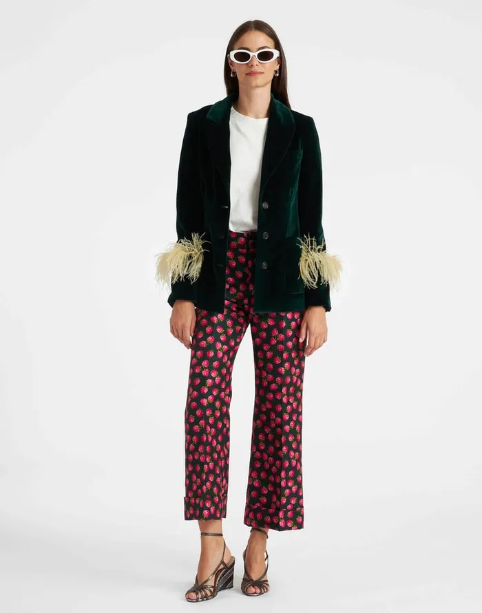 La Doublej Keaton Jacket Blue Petrol In Velvet With Feathers Women Outerwear