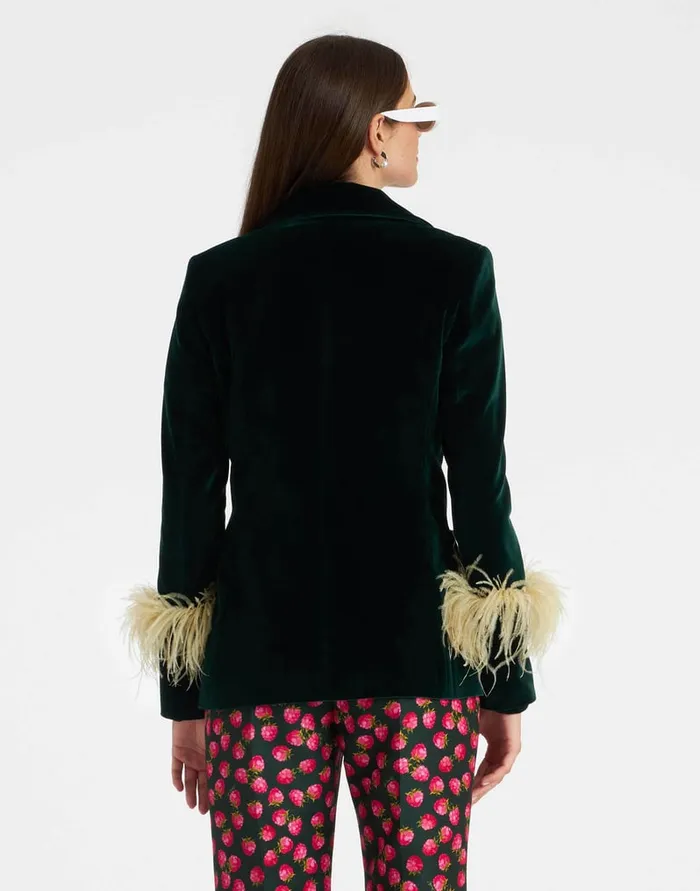 La Doublej Keaton Jacket Blue Petrol In Velvet With Feathers Women Outerwear