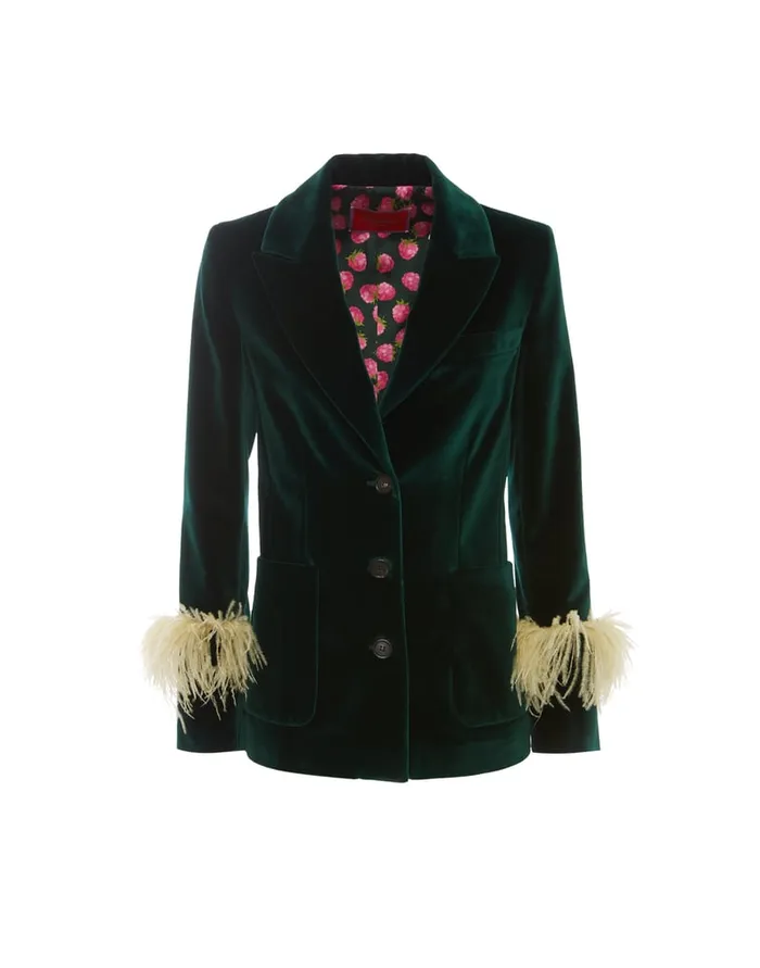 La Doublej Keaton Jacket Blue Petrol In Velvet With Feathers Women Outerwear