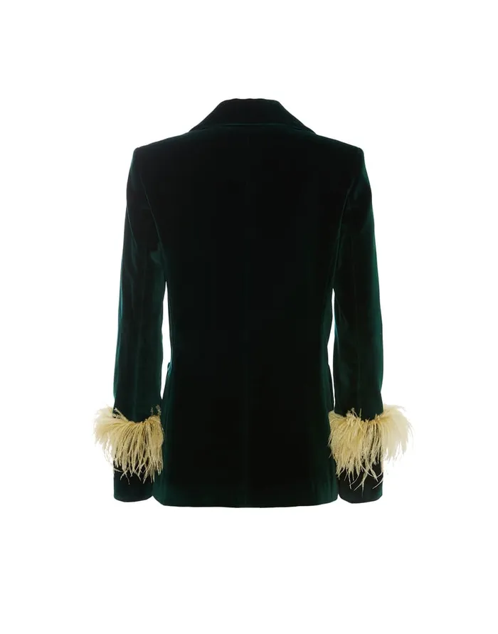 La Doublej Keaton Jacket Blue Petrol In Velvet With Feathers Women Outerwear
