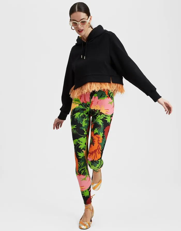 La Doublej La Scala Hoodie Black In Heavy Jersey With Feathers Women TShirts and Sweatshirts