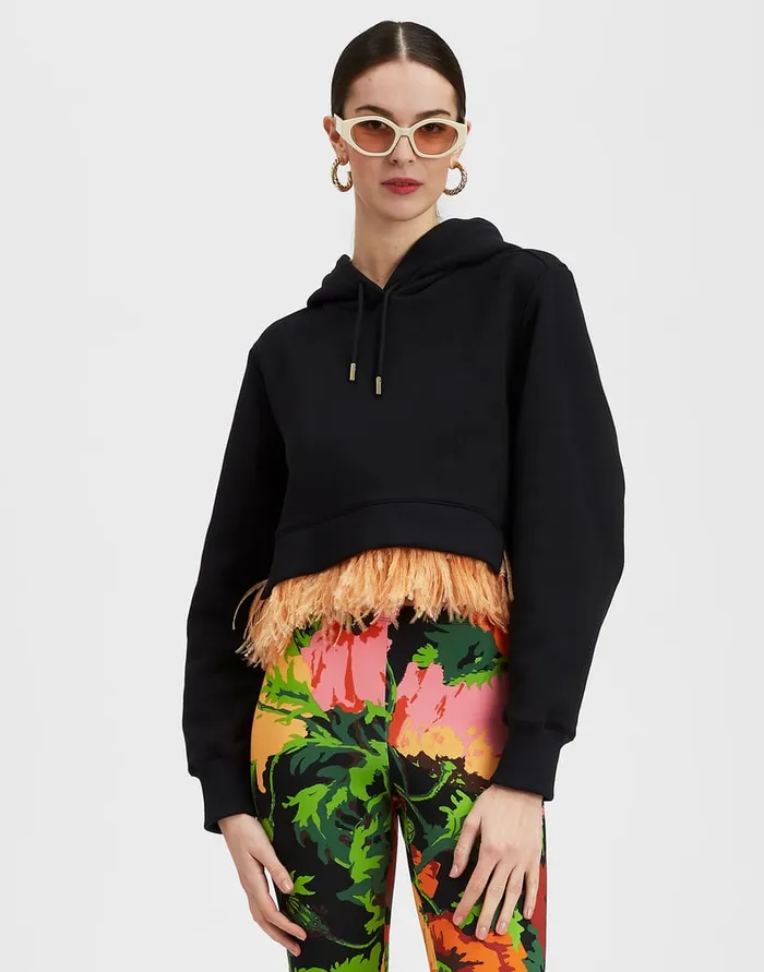 La Doublej La Scala Hoodie Black In Heavy Jersey With Feathers Women TShirts and Sweatshirts